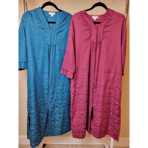 Vtg Miss Elaine Full Length Gown Housecoat Robes Full Zip Front Jacquard Small - Picture 1 of 8
